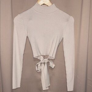 Zara Cream Ribbed Crop Knit Sweater with Tie-Back